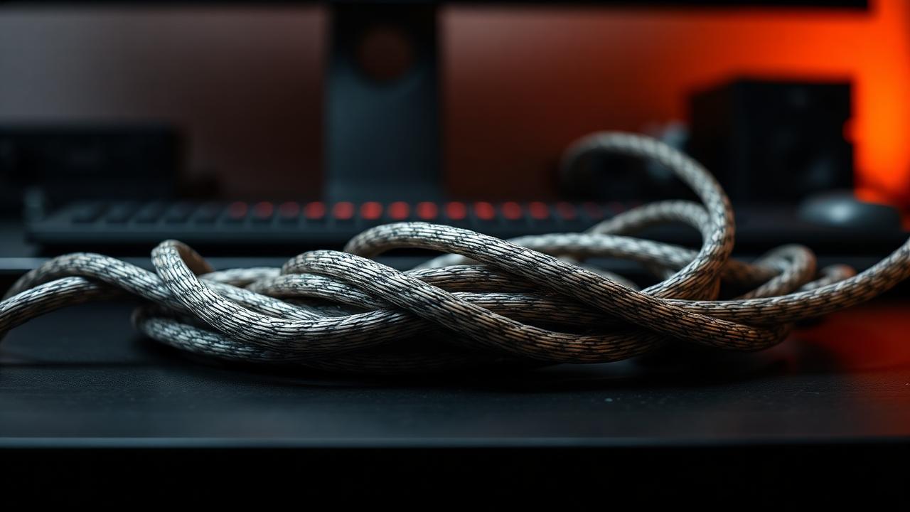 Braided cable sleeves bundling cables on a dark desk
