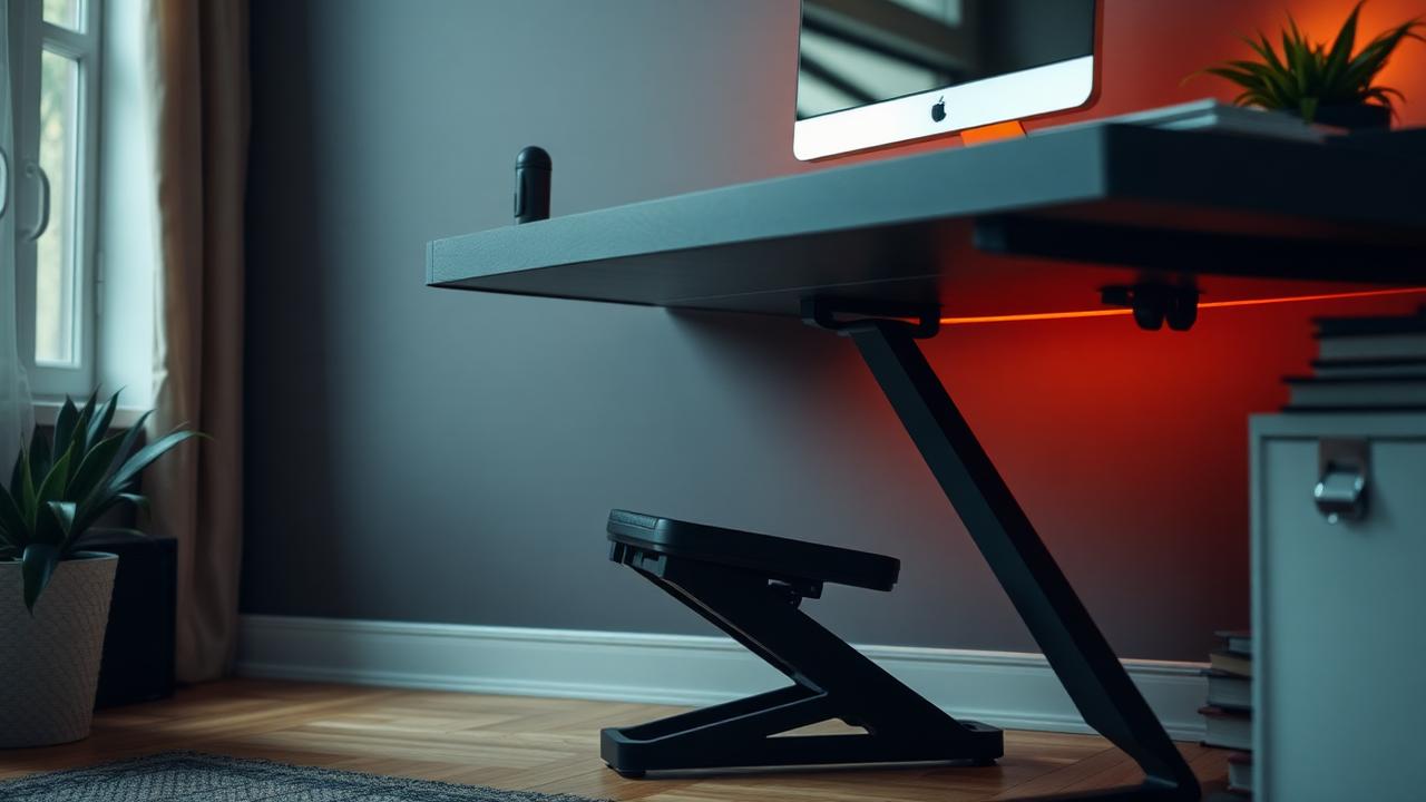 Adjustable footrest under a dark desk with cozy ambient lighting