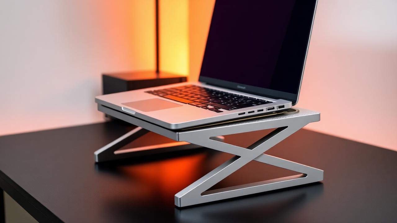 Aluminum laptop stand with laptop on dark desk with warm ember glow