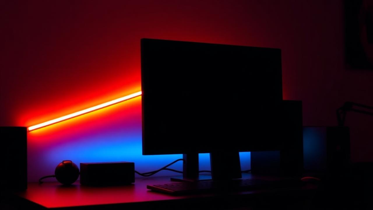 RGB LED bias light strip glowing behind a monitor on a dark desk
