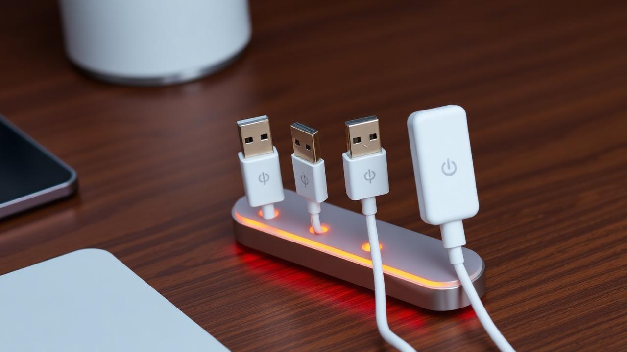 Magnetic cable organizer holding three USB cables on dark wood desk