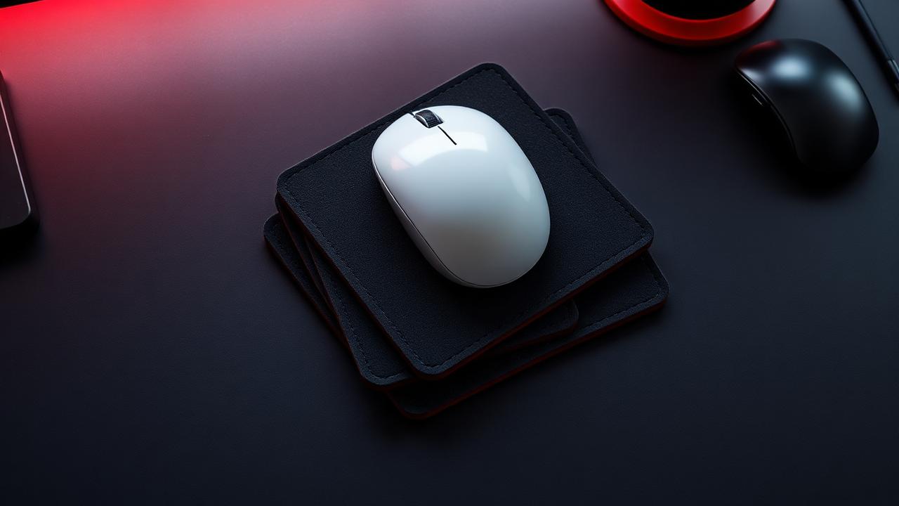 Stack of cheap mouse pads under $10 on a dark desk with ember accent
