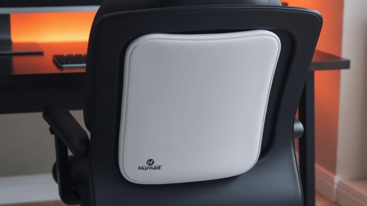 Memory foam lumbar back support cushion on a black office chair