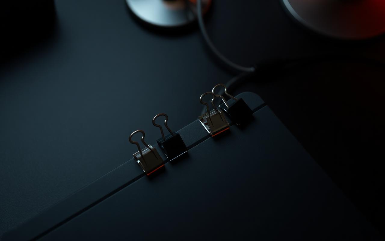 Black binder clips clipped to edge of charcoal desk routing USB and charging cables