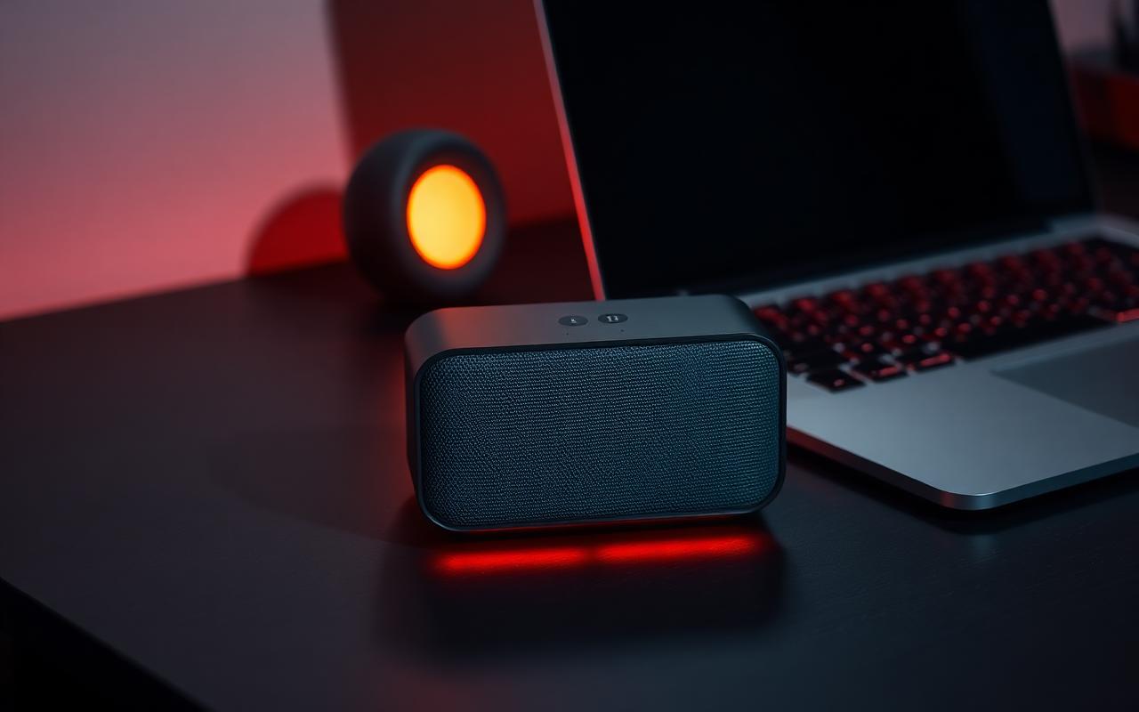 Compact Bluetooth speaker on a charcoal desk next to a laptop with warm ember accent lighting