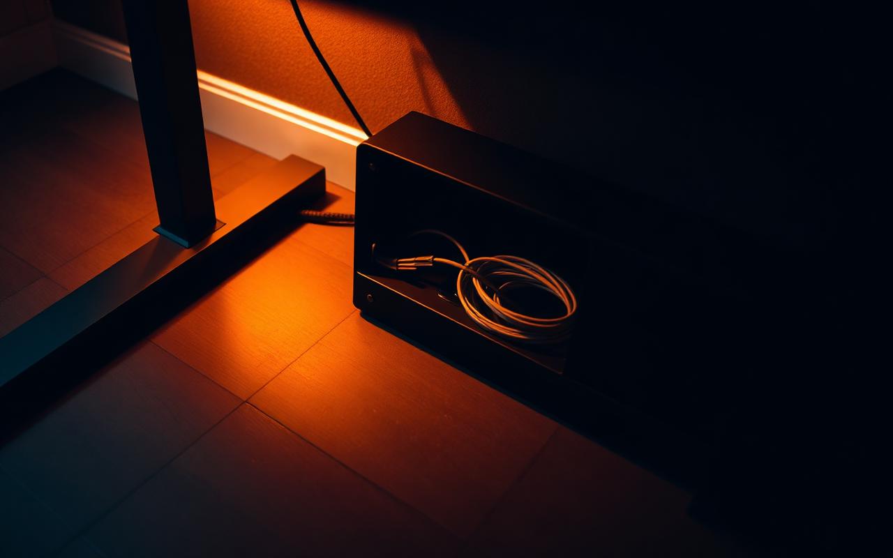 Black cable management box hiding a power strip beneath a desk in warm ambient lighting