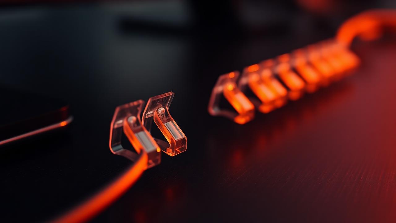 Adhesive cable clips routing wires along the back of a dark desk