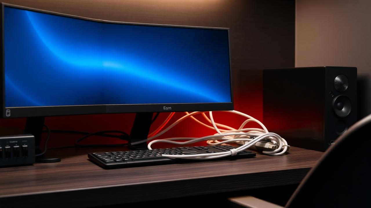Clean cable management setup with sleeves, clips, and trays under a desk