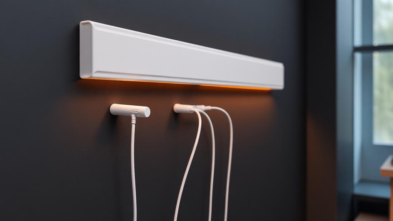 White cable raceway mounted along a dark wall hiding cables