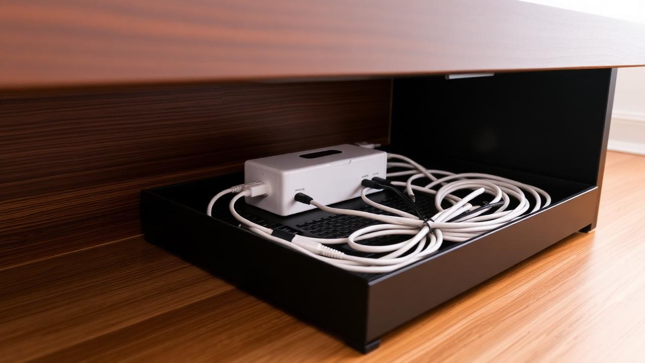 Under-desk cable tray hiding power strip and cables