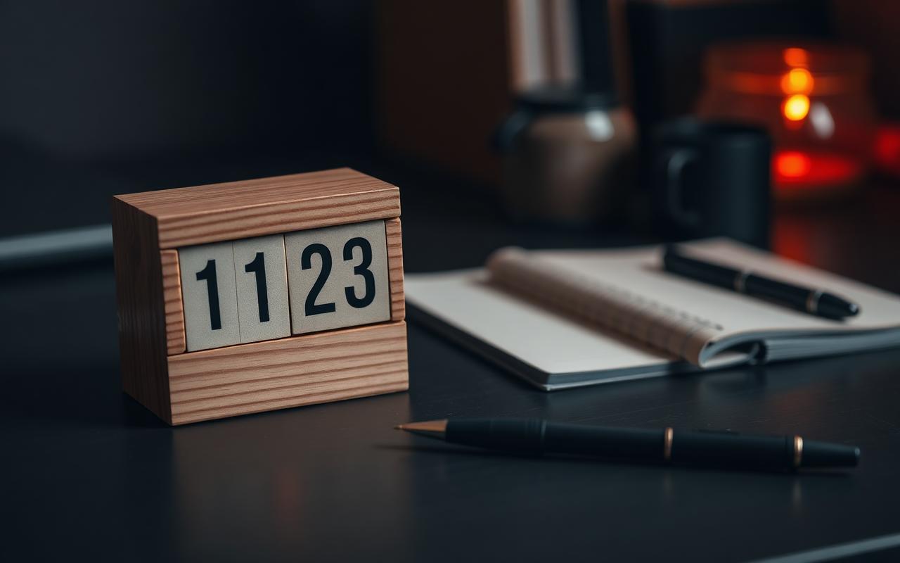 Wooden desktop perpetual calendar block on a charcoal desk next to a notebook and pen
