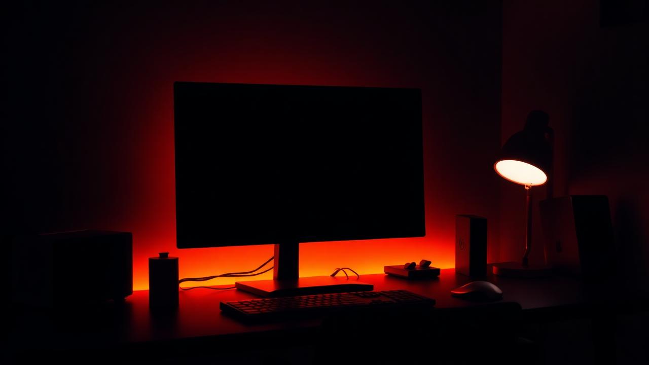 Glowing corner desk lamp casting warm orange light behind a monitor
