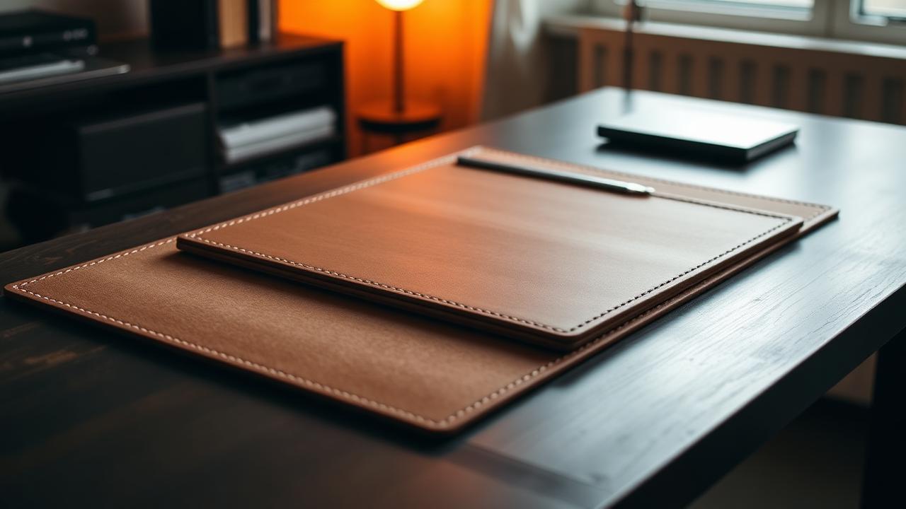 Cheap PU leather desk mats stacked on dark wood desk with warm orange light