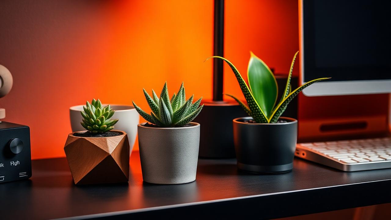 Small succulents and snake plant in modern pots on dark desk