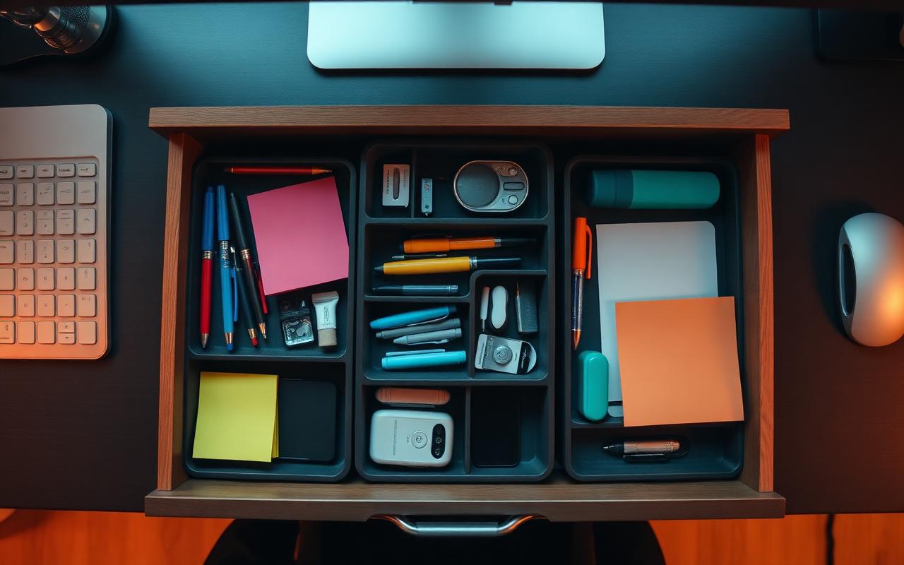 Top-down view of a desk drawer organizer with pens, sticky notes and gadgets on a charcoal desk