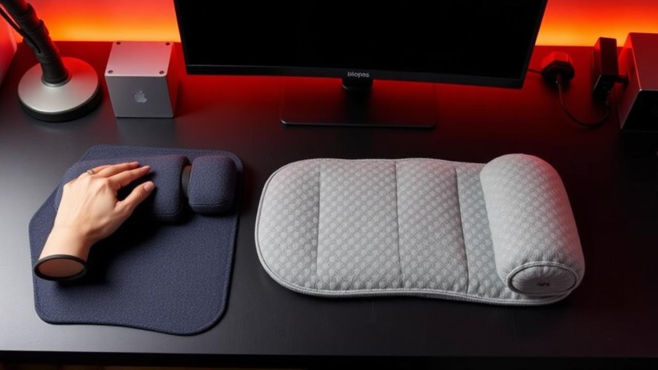 Budget ergonomic desk accessories including wrist rest and laptop riser