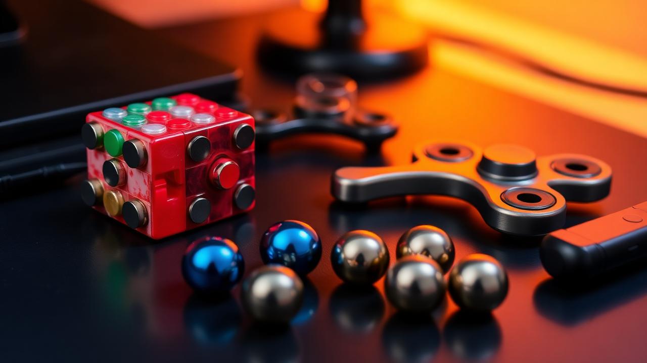 Collection of fidget tools — cube, spinner, magnetic balls — on dark desk