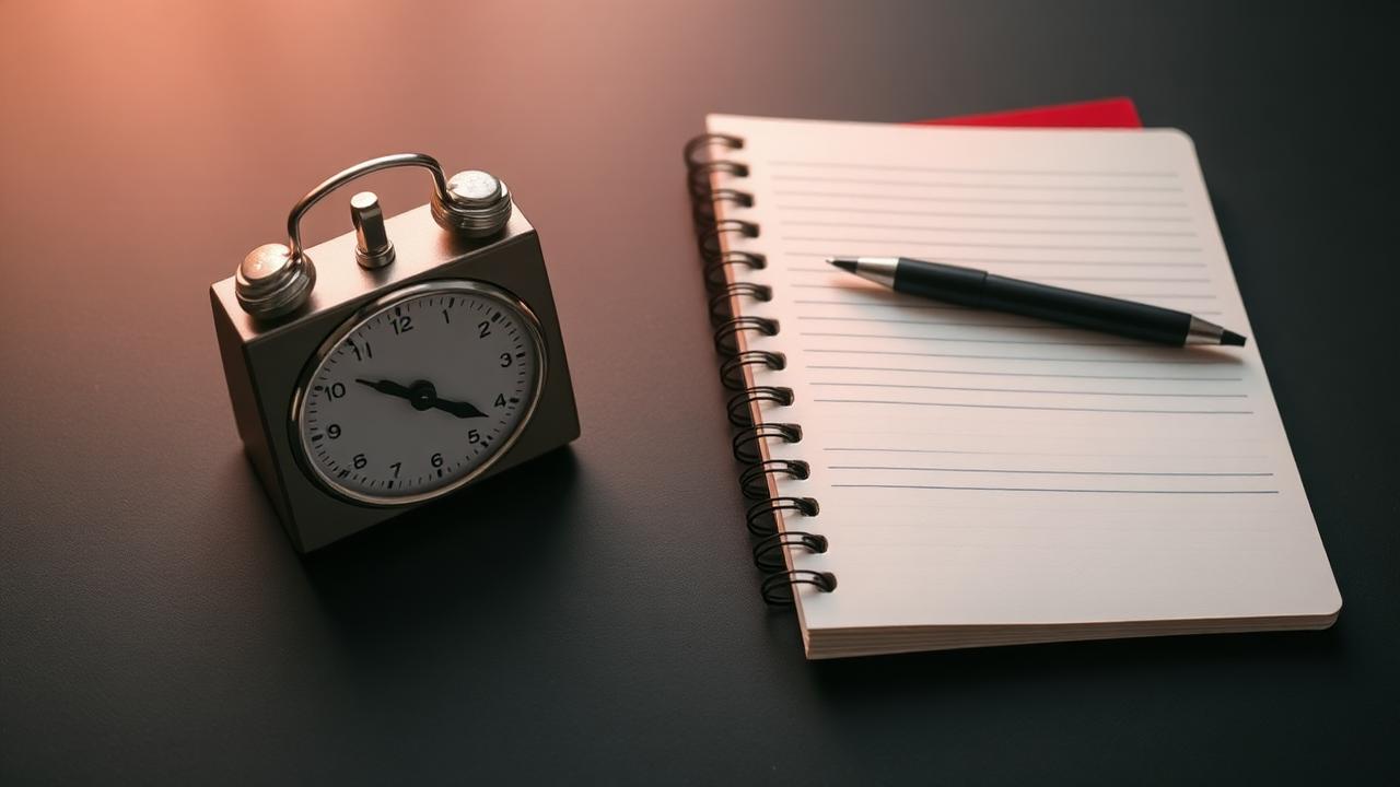 Vintage analog focus timer next to an open notebook on a charcoal desk