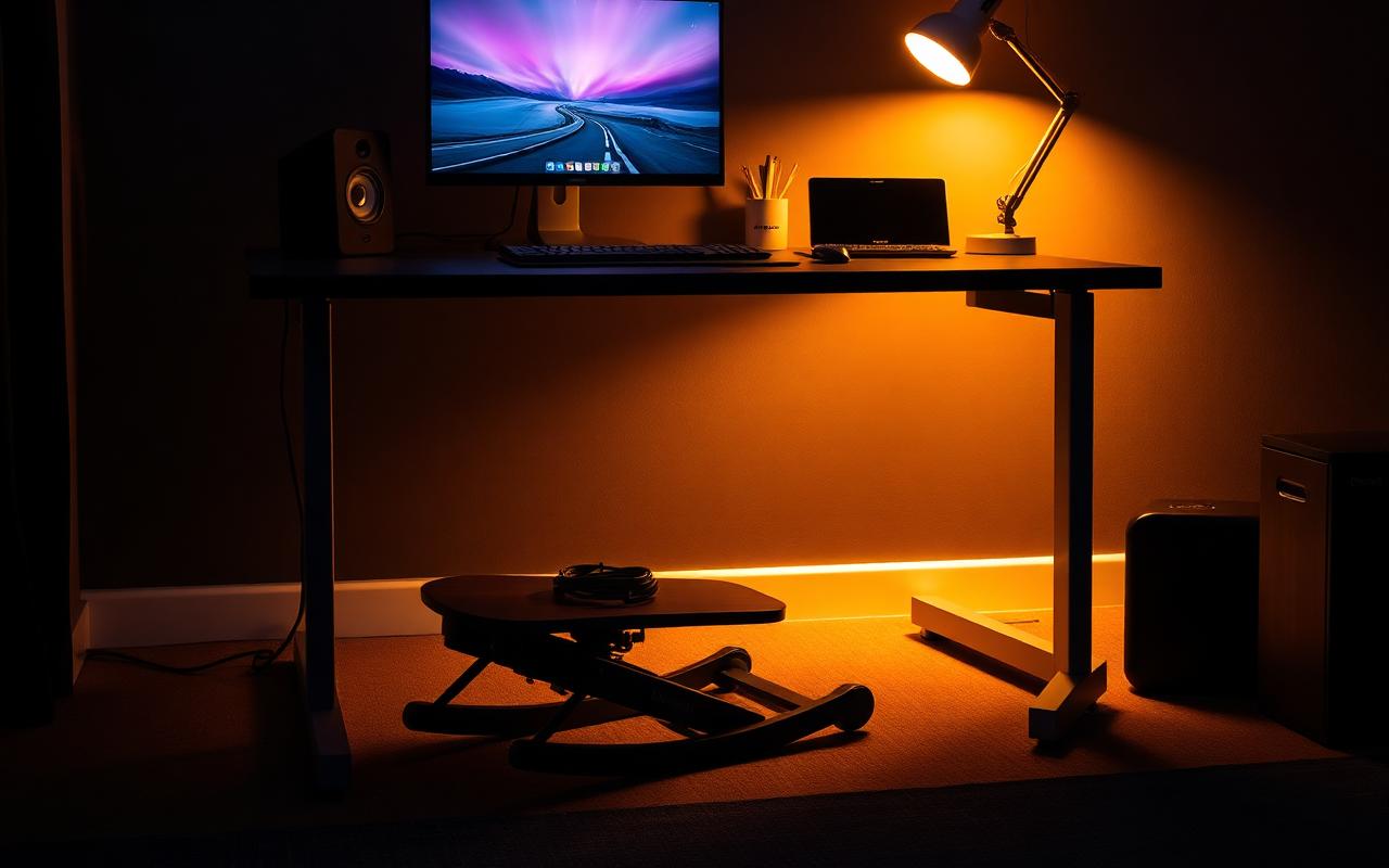 Wooden foot rocker under a charcoal desk in warm ambient lighting