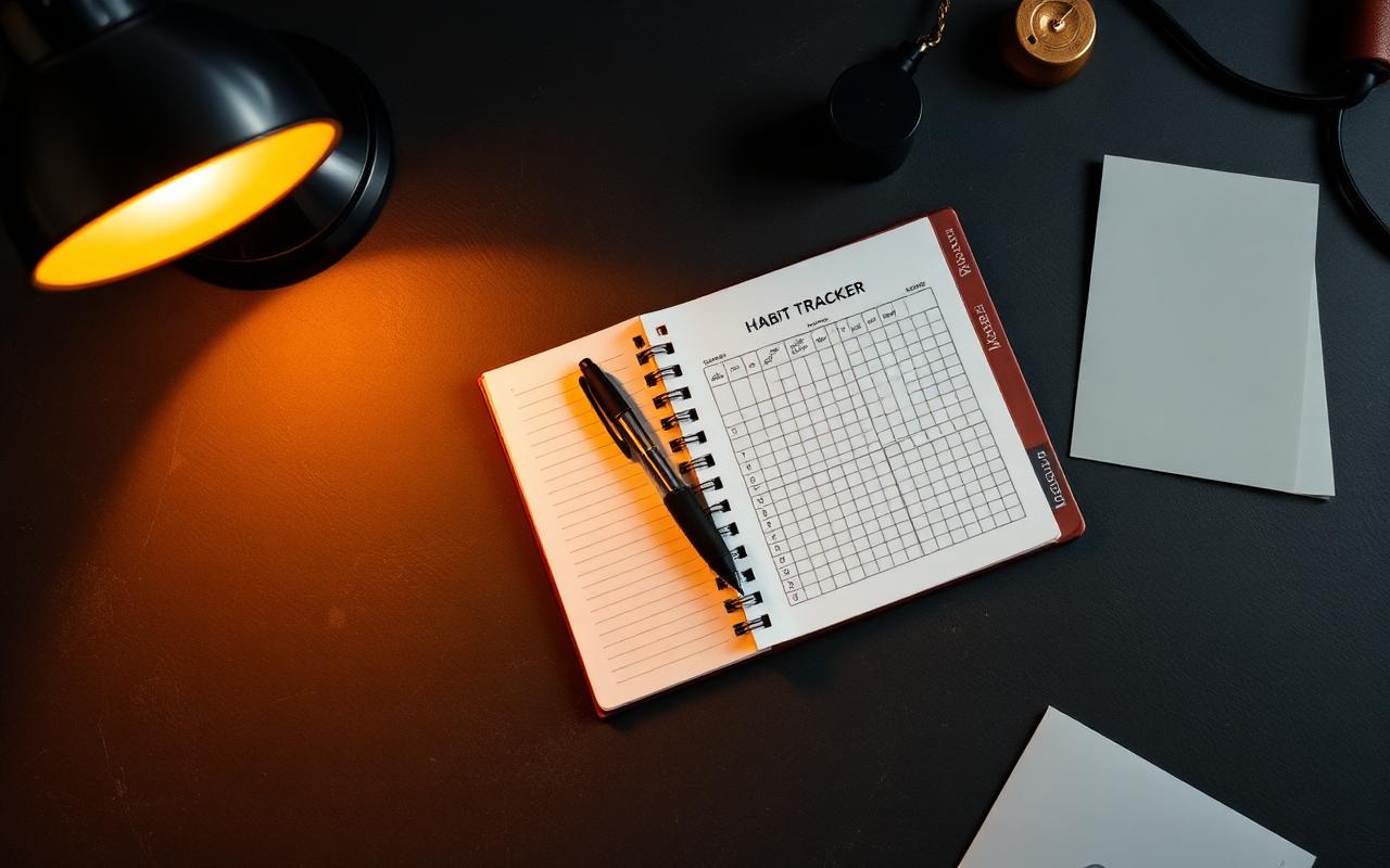 Open paper habit tracker journal with pen on a charcoal desk under warm lamp light