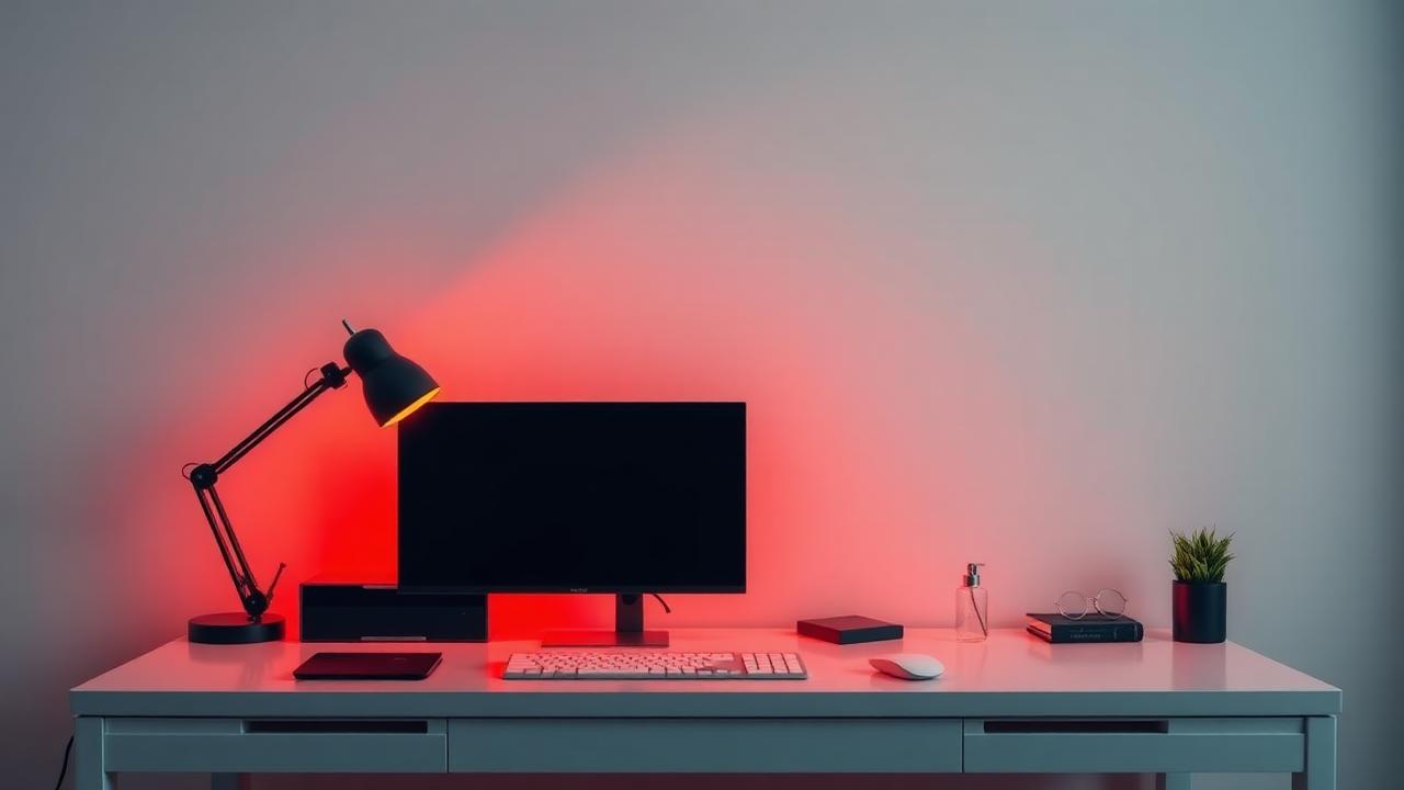 Desk with warm LED bias lighting and accent lamps