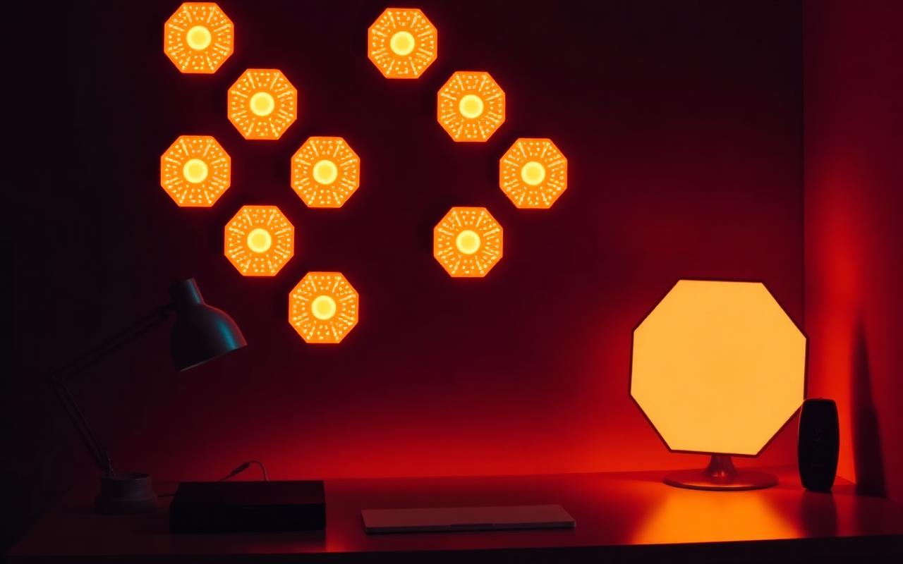 Hexagonal smart LED light panels glowing warm on a dark wall behind a minimalist desk