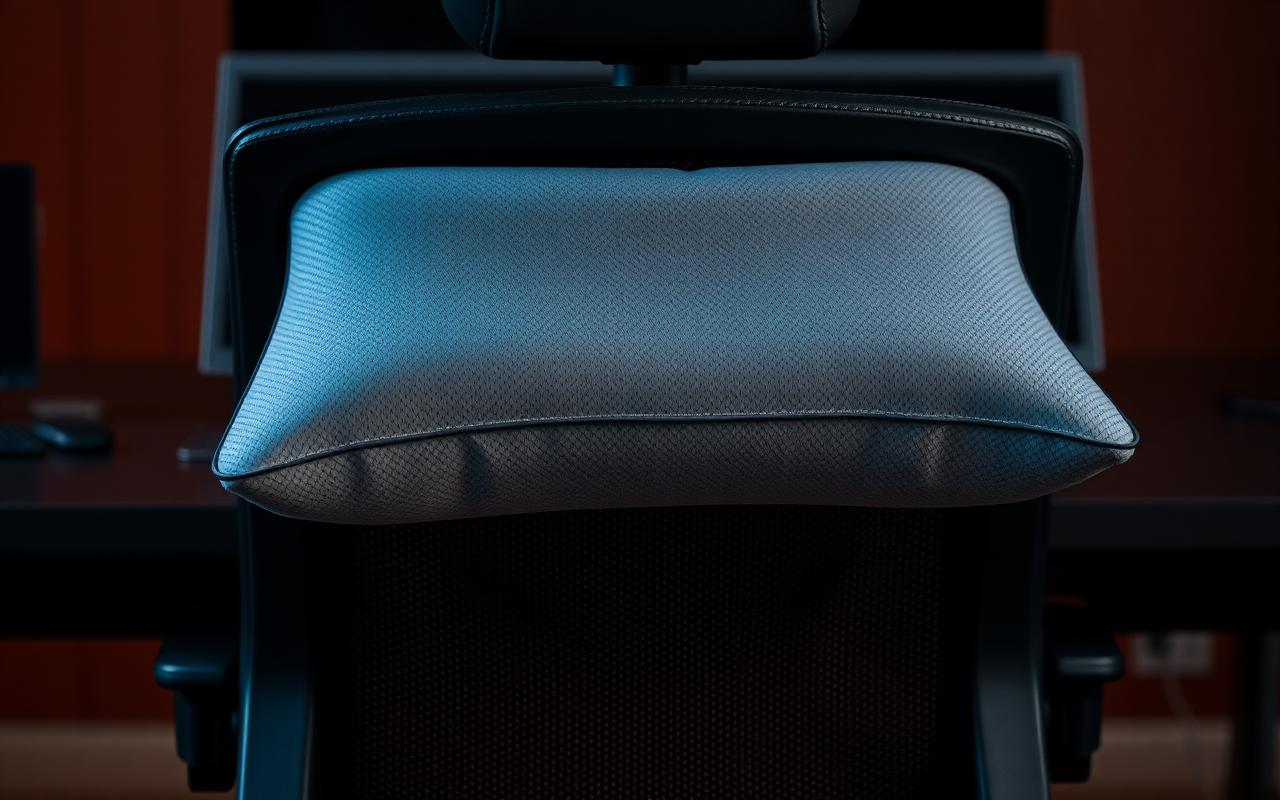 Memory foam lumbar pillow on a black office chair behind a charcoal desk