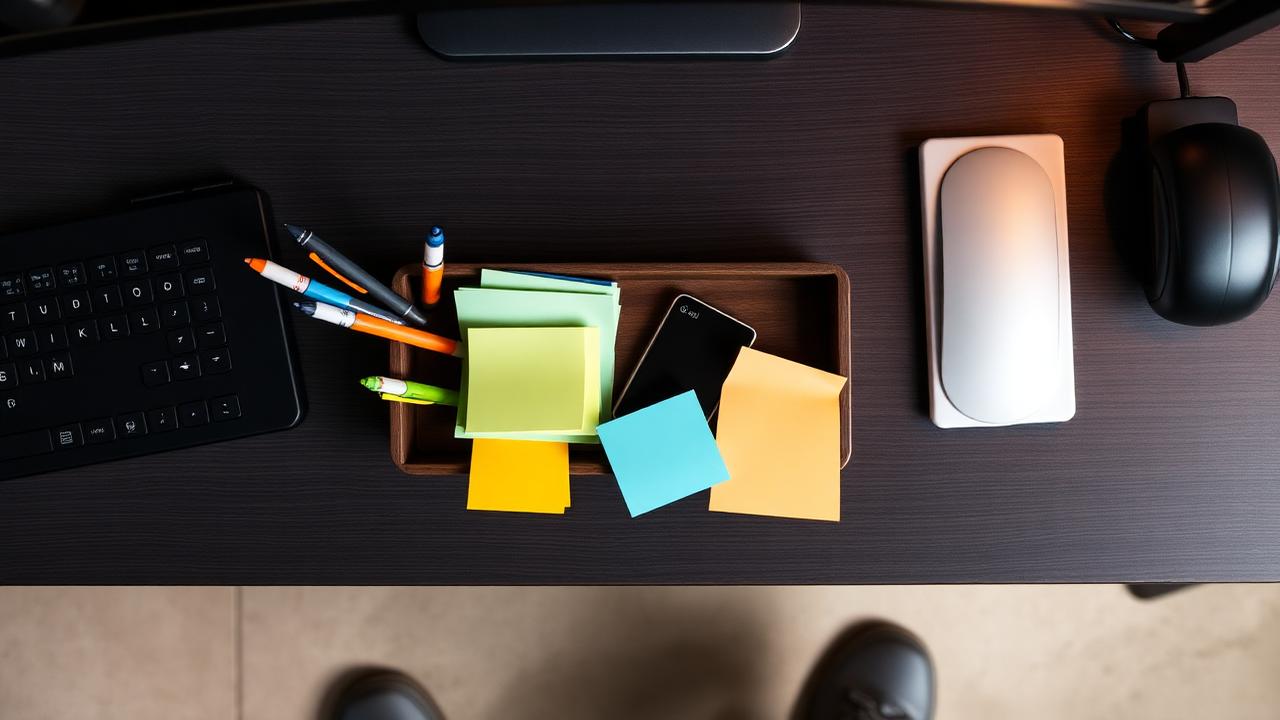 Mini wooden desk caddy with pens and sticky notes on a charcoal desk