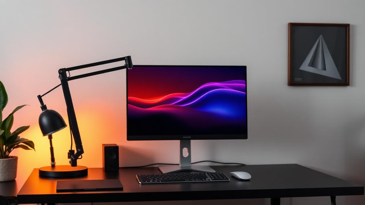 Single monitor arm holding screen above dark desk in clean home office