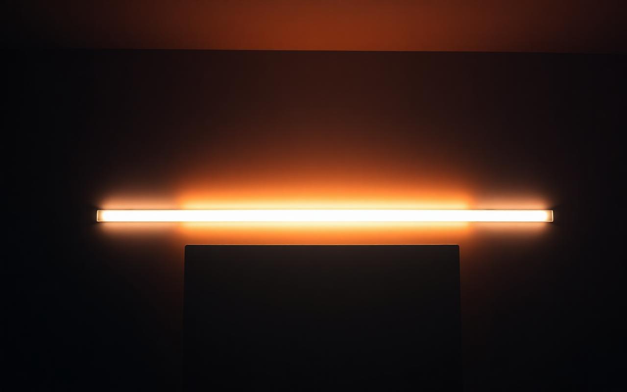 Glowing monitor light bar mounted on top of a monitor casting warm light on a charcoal desk