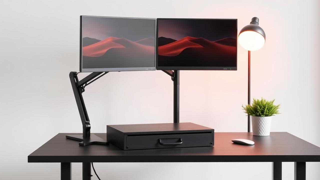 Black monitor riser with storage drawer holding two monitors on a charcoal desk