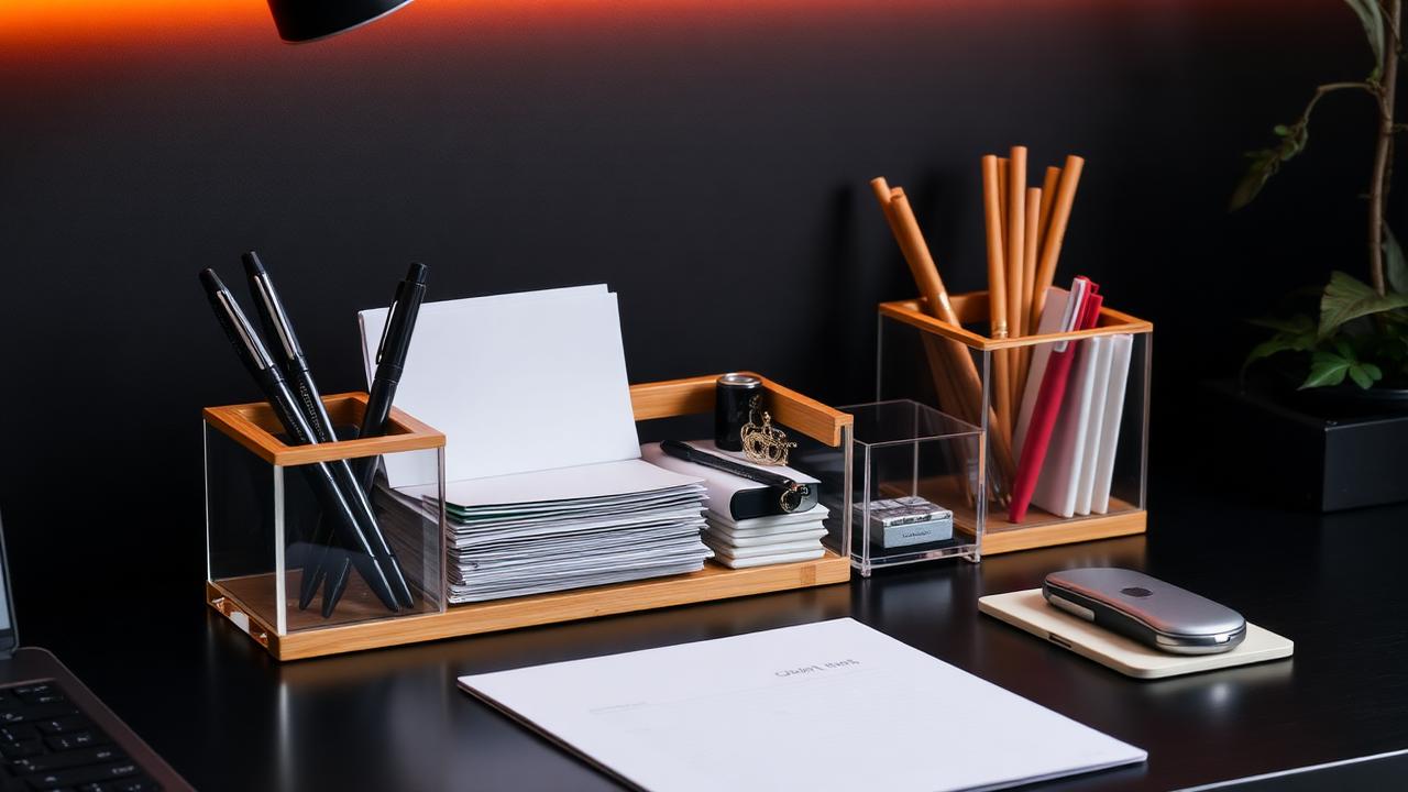 Affordable desk organizers arranged on a clean dark desk