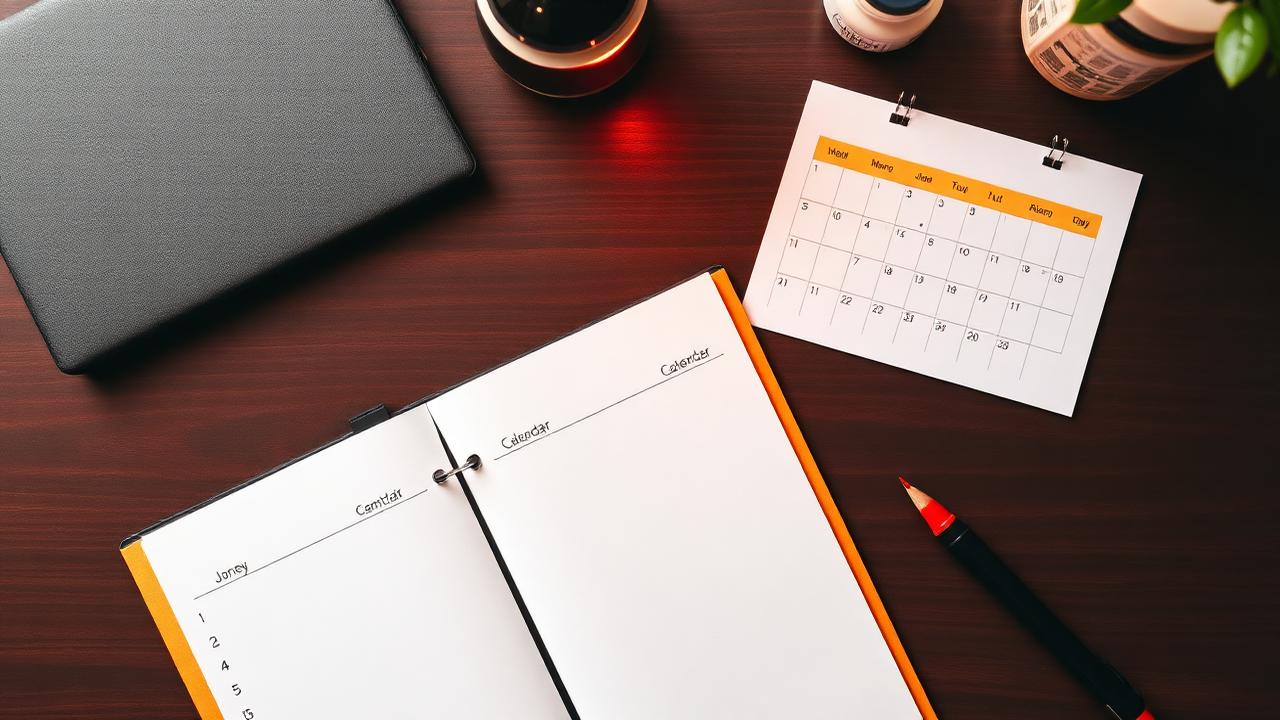Open paper desk planner and small wall calendar on dark wooden desk