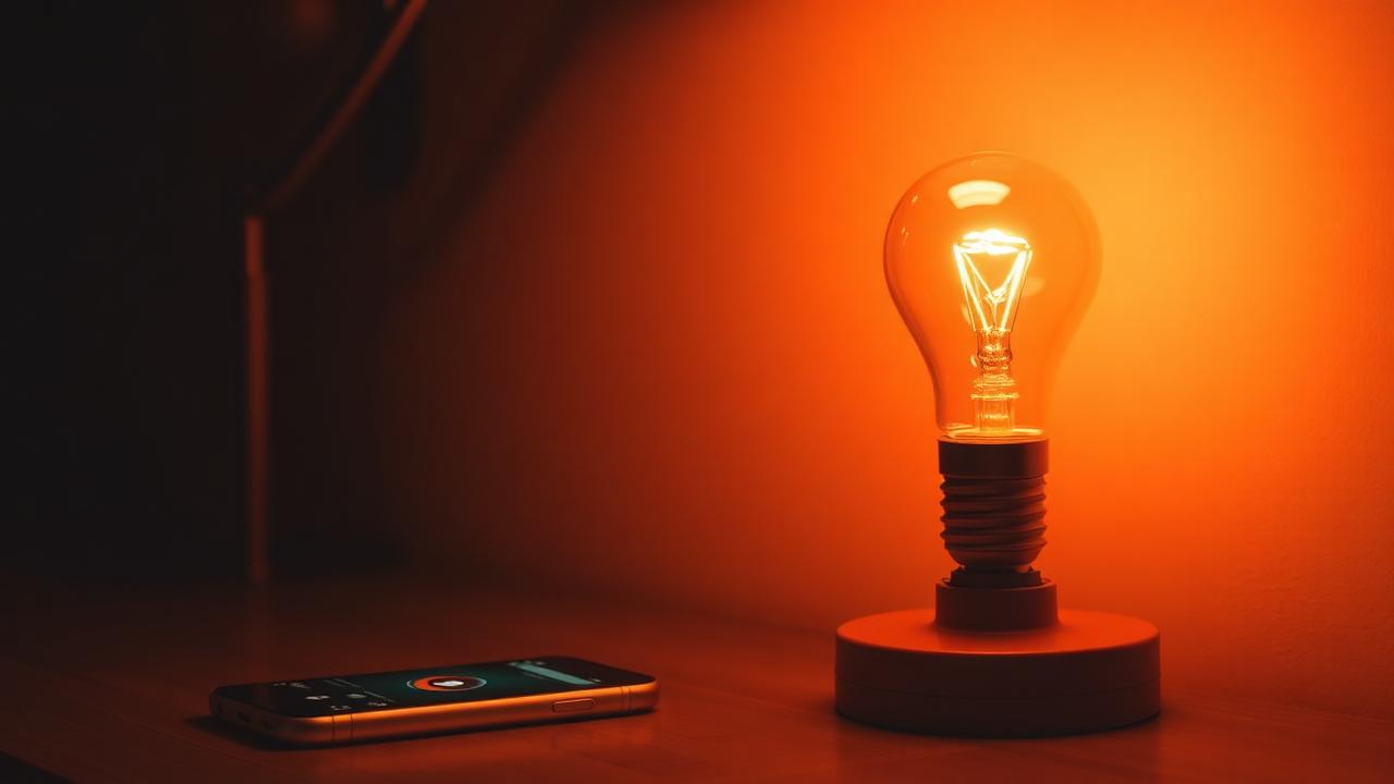 Smart light bulb glowing warm orange beside phone showing app control