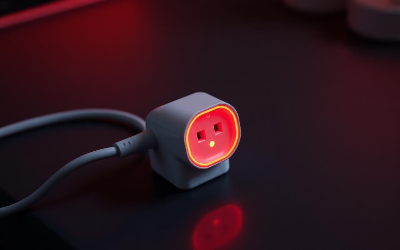 Glowing red smart plug on a charcoal desk with cable running off to the side