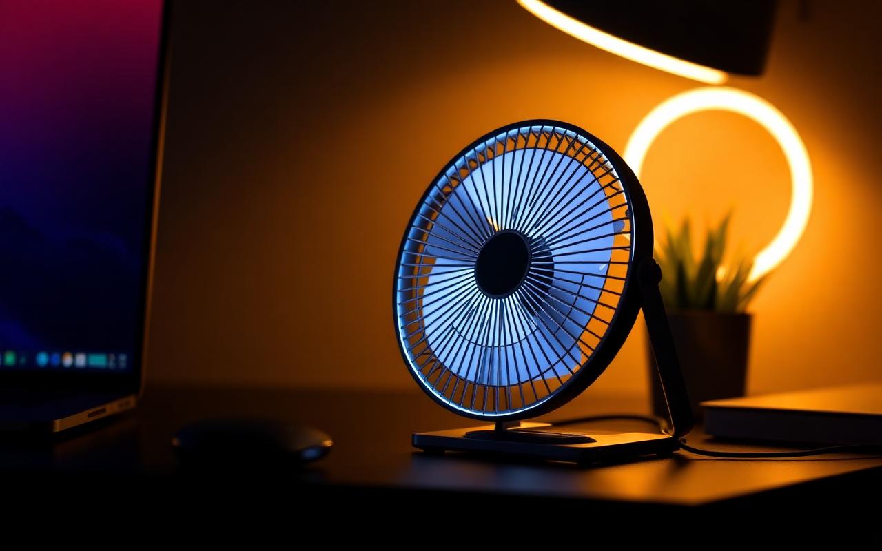 Compact metal-grille USB desk fan on a charcoal desk with warm ambient lighting