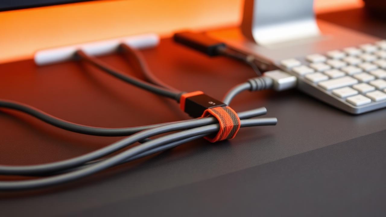 Orange velcro cable ties bundling black cables behind a charcoal desk