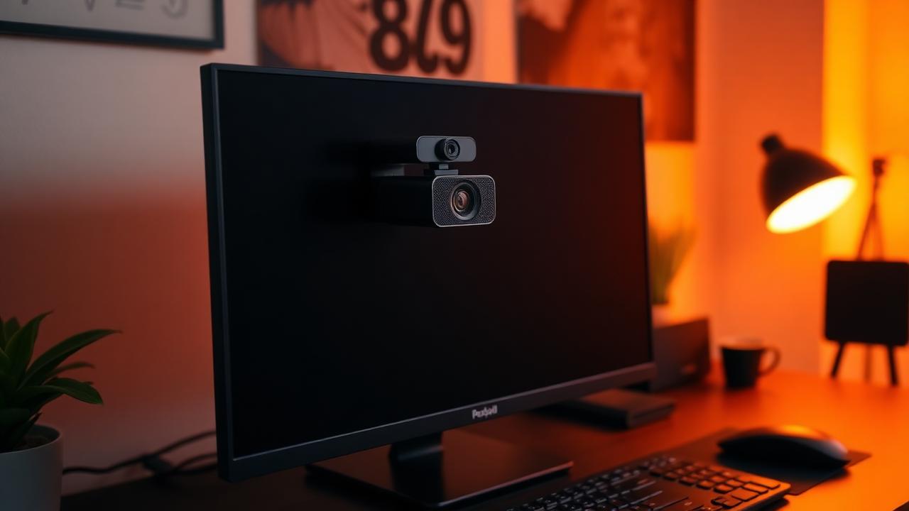 1080p webcam clipped to top of monitor on dark desk in modern home office