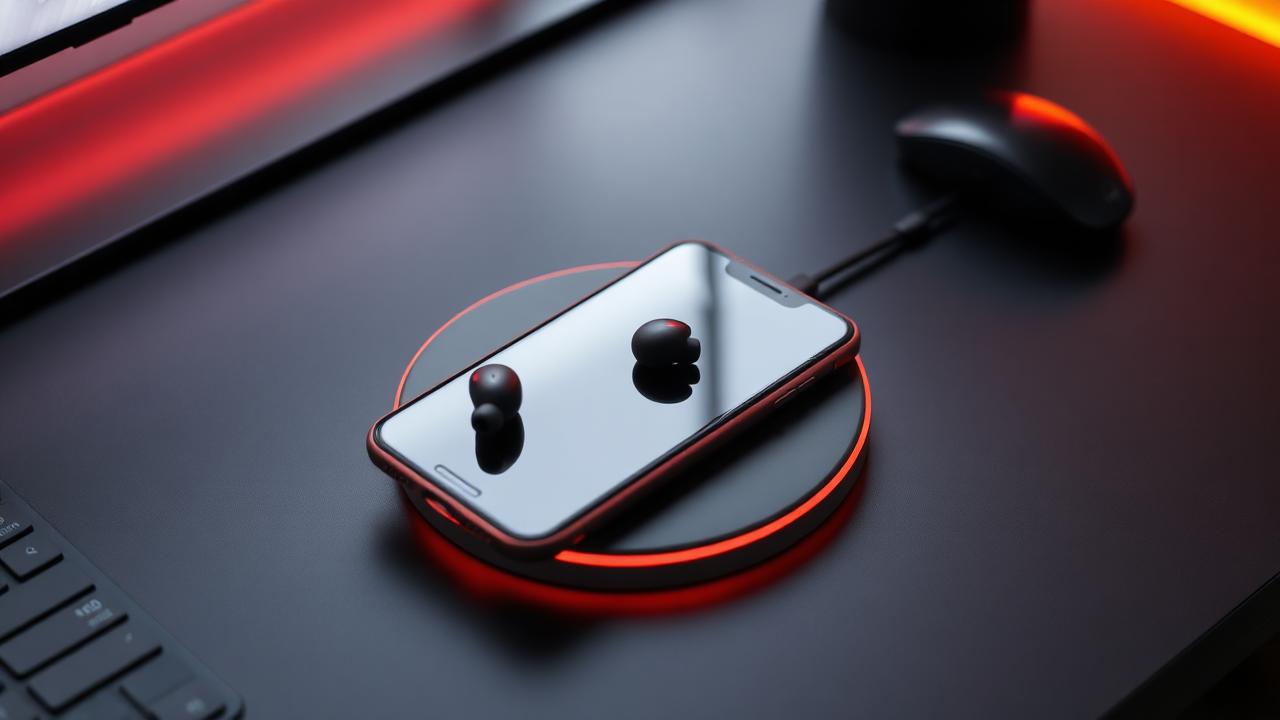 Phone on a wireless charging pad with earbuds, glowing red ring on charcoal desk