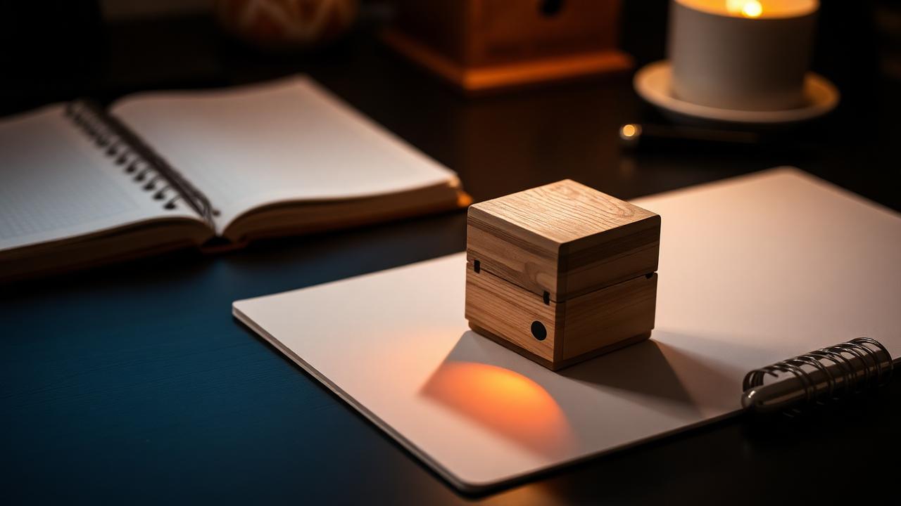 Wooden pomodoro timer cube on a dark desk next to notebook