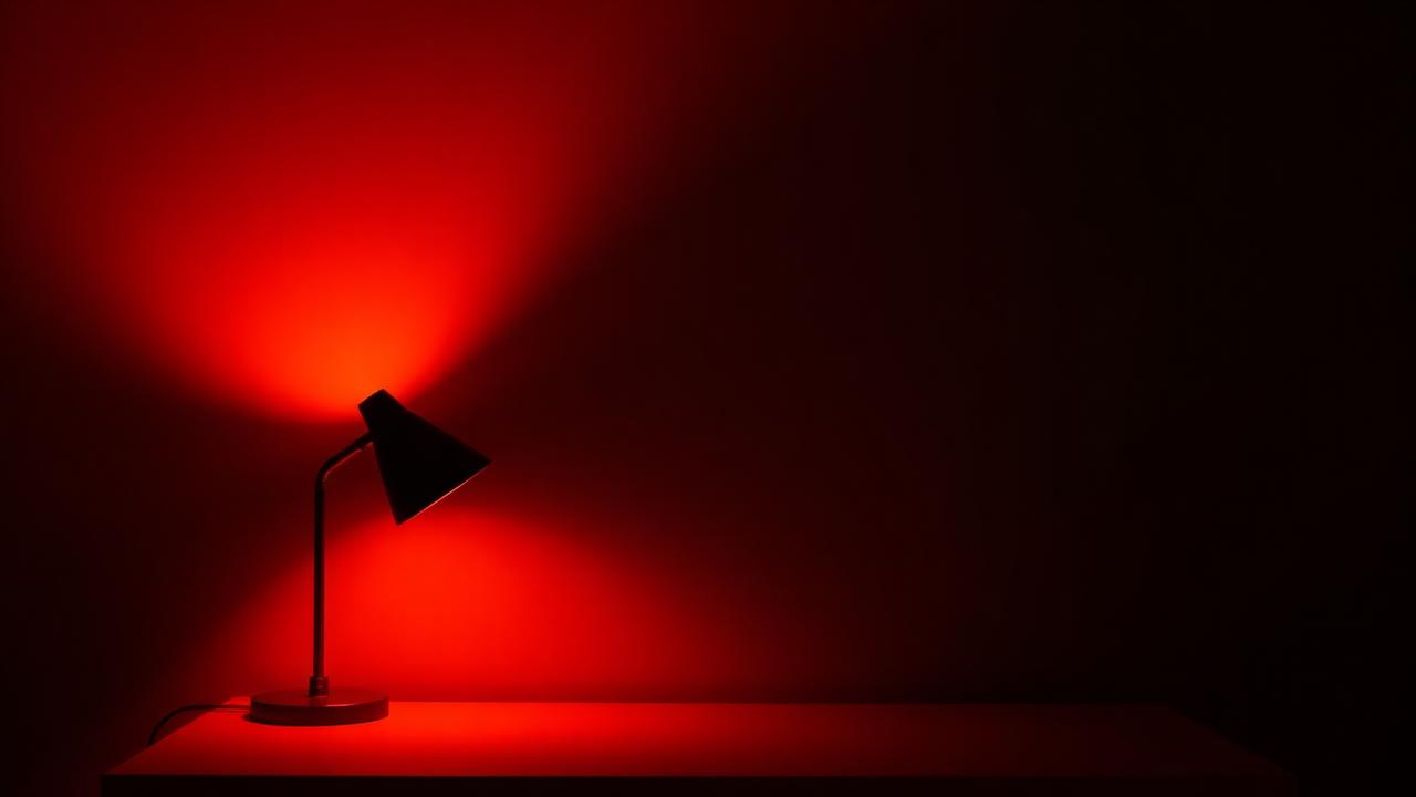 Sunset lamp casting warm orange glow on dark wall behind a desk