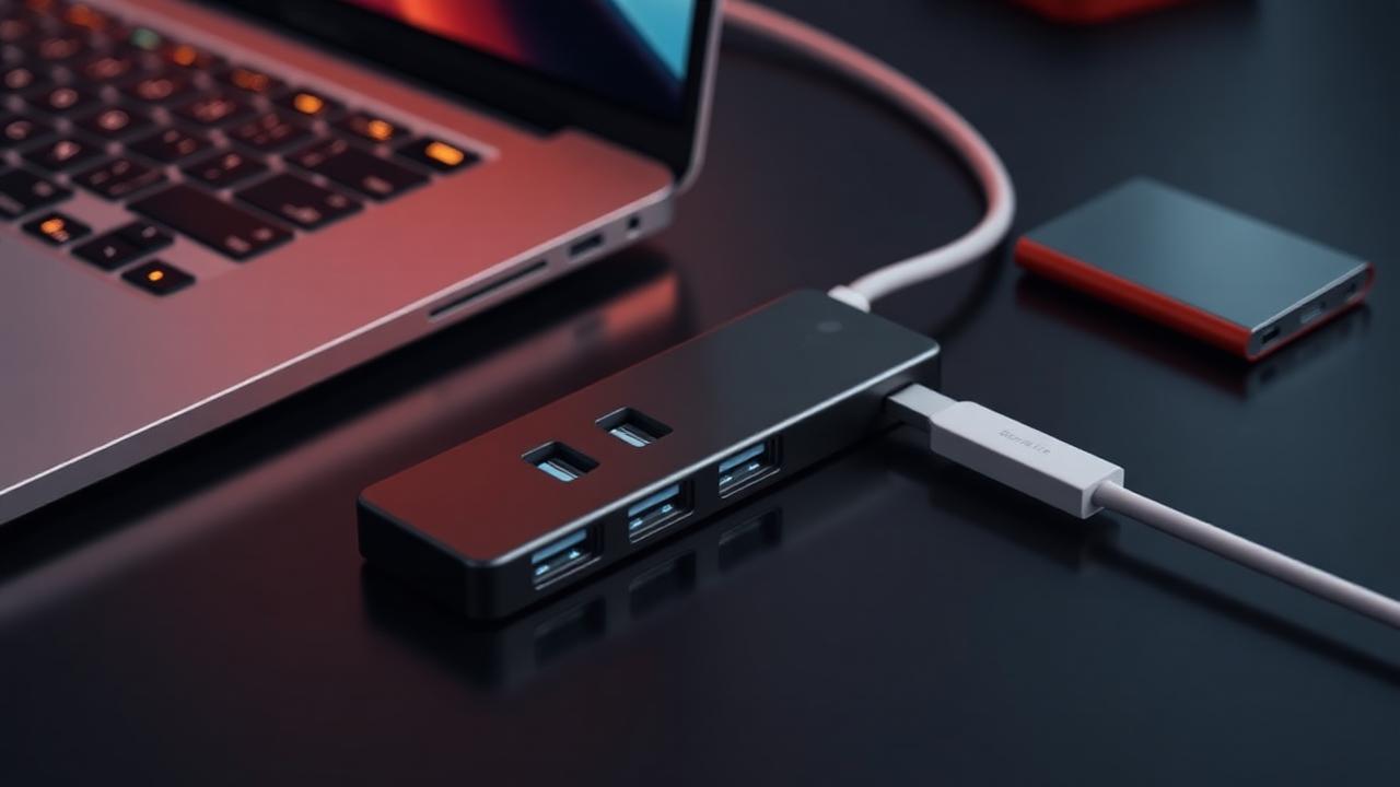Compact USB-C hub plugged into laptop on dark desk