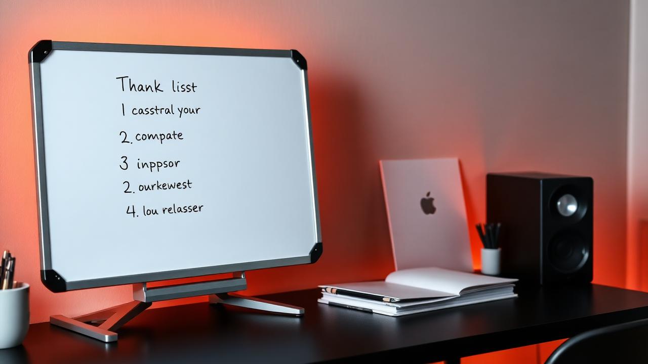 Small desktop whiteboard with handwritten task list on dark desk