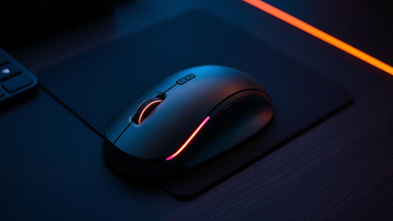 Cheap wireless mouse on dark mouse pad with warm ember rim lighting
