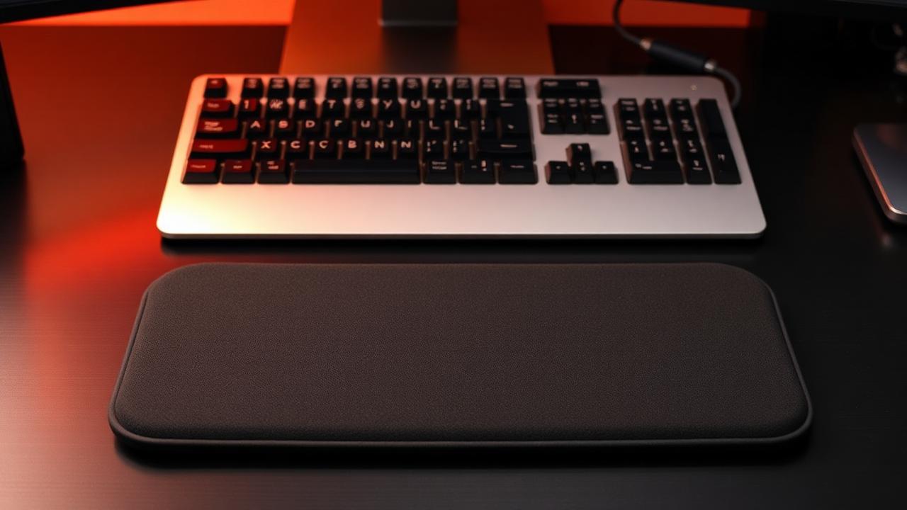 Memory foam wrist rest in front of mechanical keyboard on dark desk